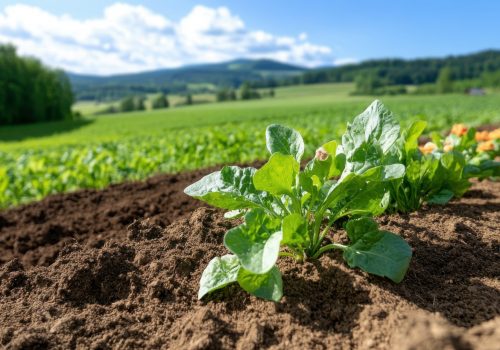 Organic vegetables thriving in a lush agricultural field under bright skies