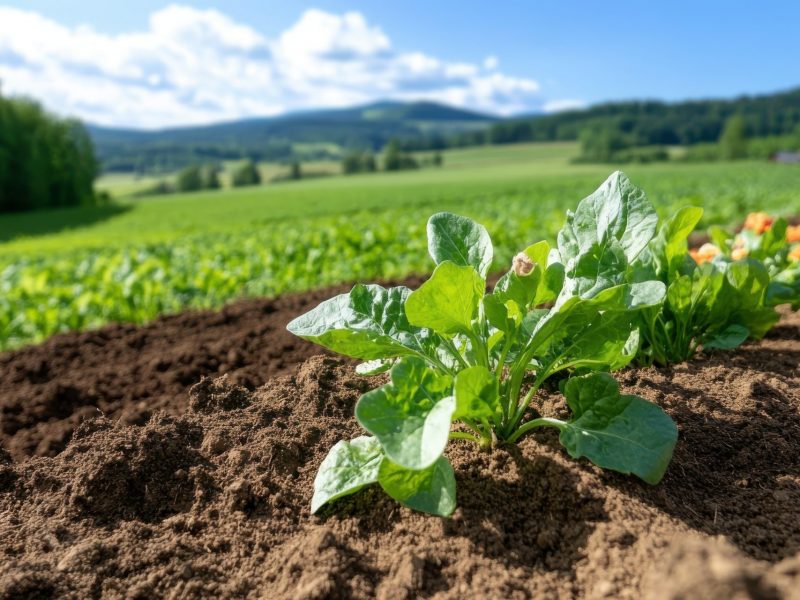 Organic vegetables thriving in a lush agricultural field under bright skies