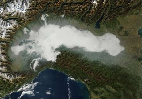 The Moderate Resolution Imaging Spectroradiometer (MODIS) sensor aboard NASA's Terra satellite shows fog forming in the Po River basin in this image.